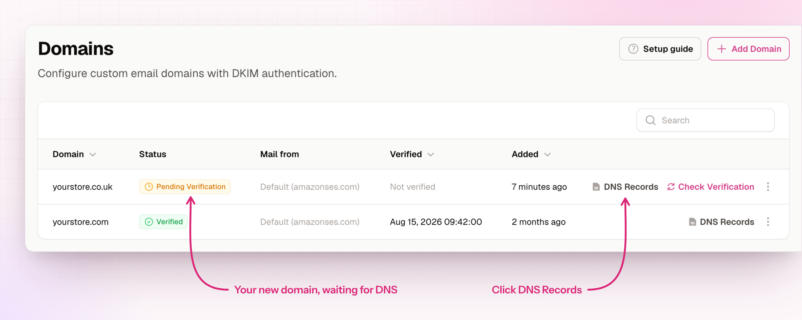 Domains list with a new domain pending verification and its DNS Records action