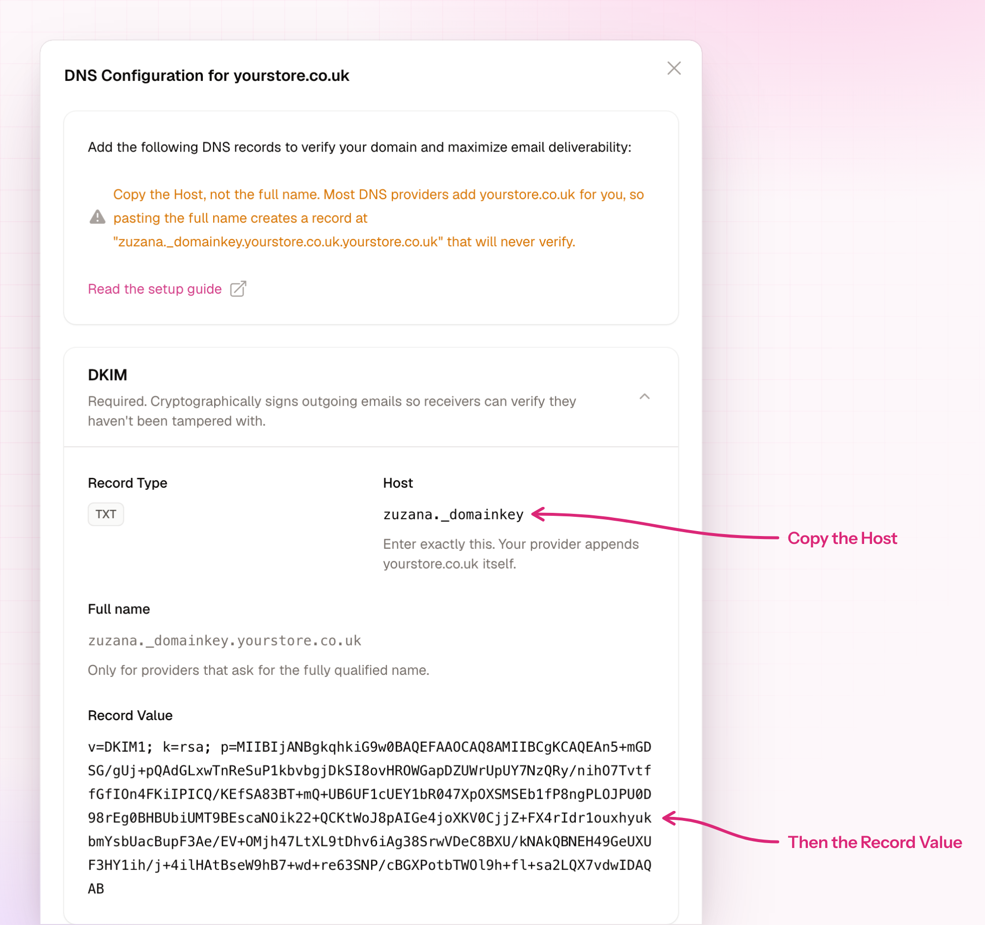 DNS Configuration modal with the DKIM record type, host and value to copy