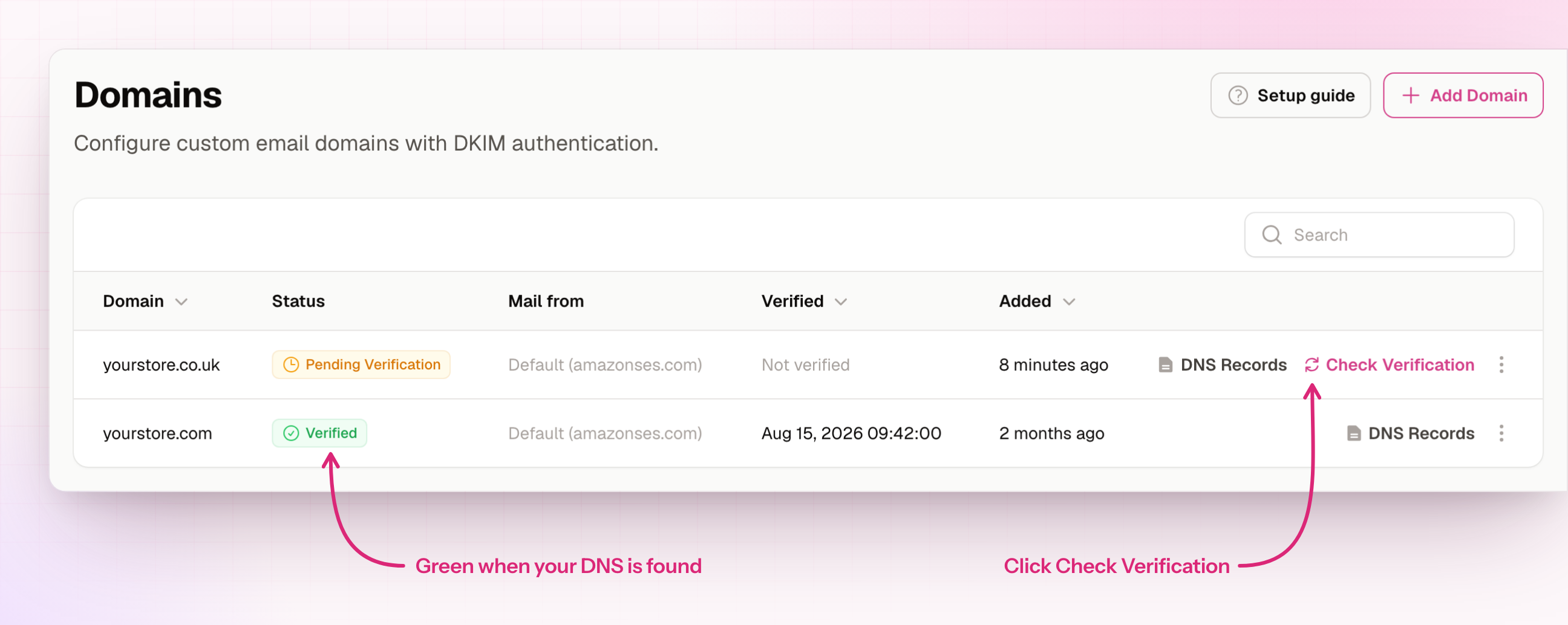Domains list with the Check Verification action and a verified domain
