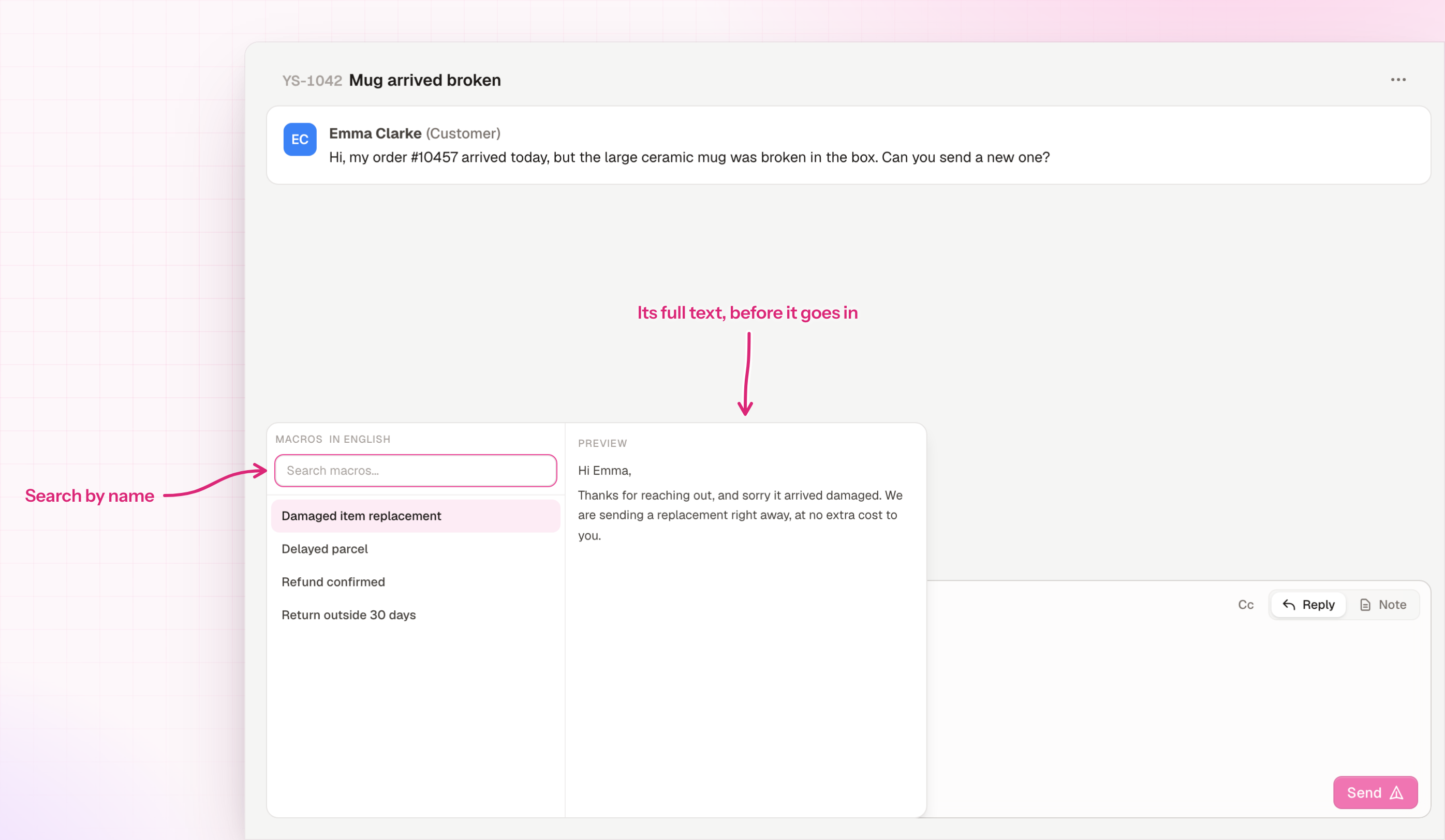 A ticket with the macro picker open over the reply box: Damaged item replacement is highlighted and its text, with the customer name filled in, is previewed next to the list